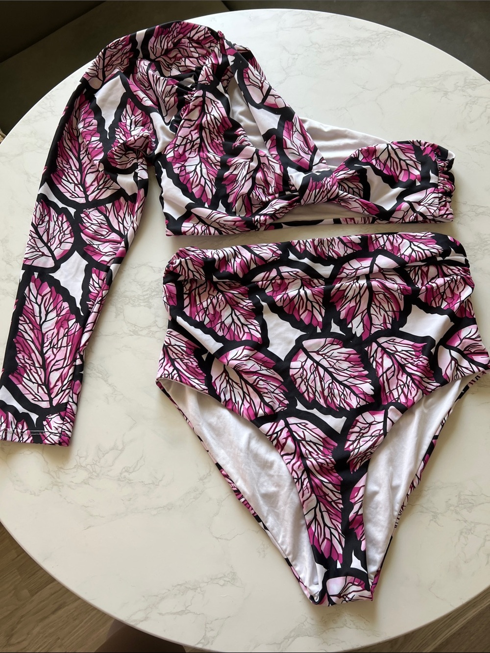 High-Waist Pink Leaf Print Bikini Set with One-Shoulder Sleeve